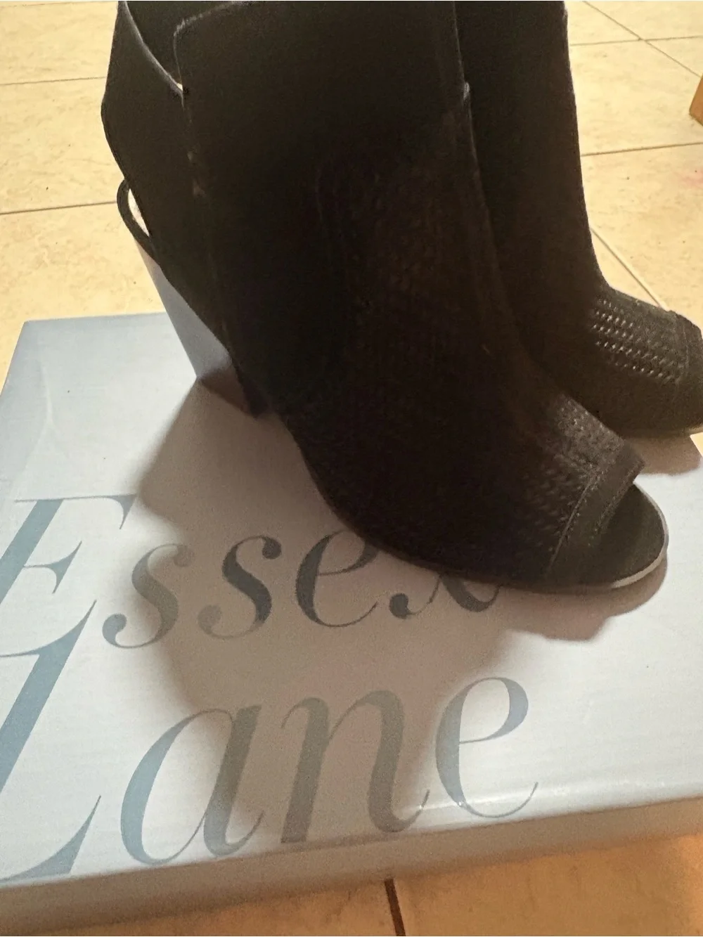 Essex Lane Black Suede Perforated Peep-Toe Block Heel Booties